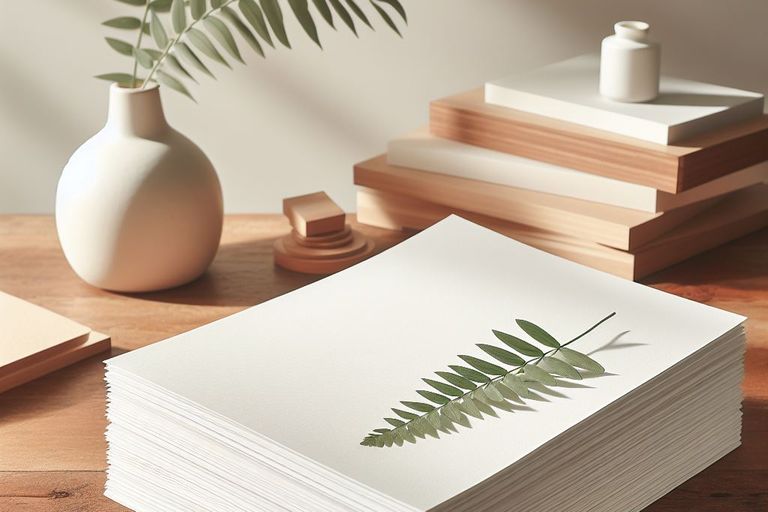 Stapel Papier mit Blumenvase im Hintergrund