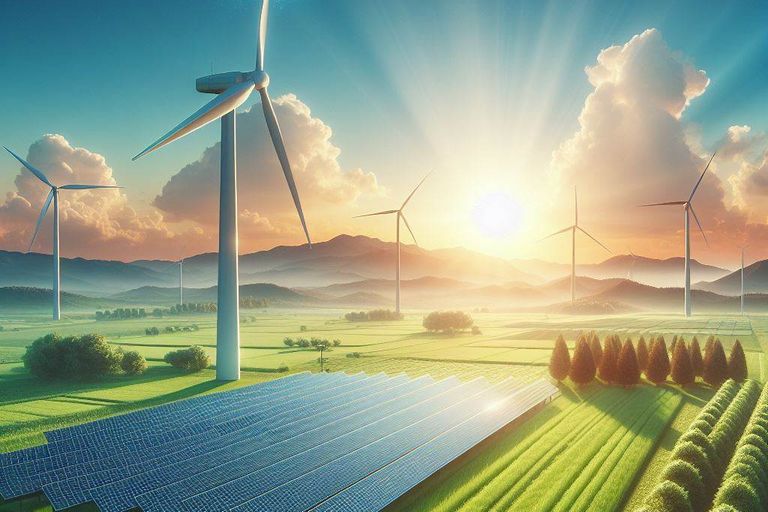 Landschaft mit Solar und Windkratfrädern